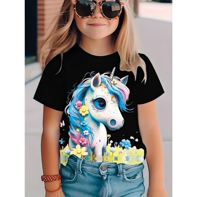 New Fashionable Cartoon Unicorn 3D Digital Full Print Short Sleeve T-shirt for Girls