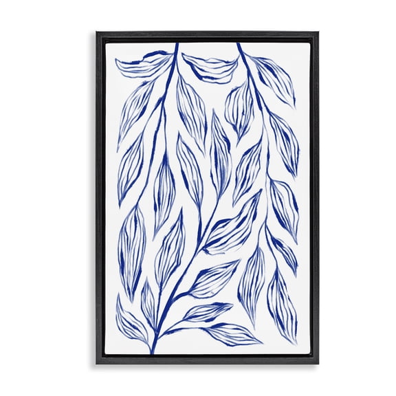 Stupell Industries Minimalist Simple Blue Leaves on White Black Floating Frame Canvas Art, 17 x 25, by Martina Pavlova