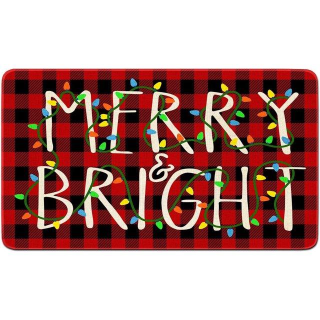 Tapis de Porte Joyeux et Lumineux Tapis de Noël Intérieur Extérieur Carreaux Rouges Tapis de Noël pour Porte d'Entrée Décorations de Vacances 17 Pouces x 30 Pouces