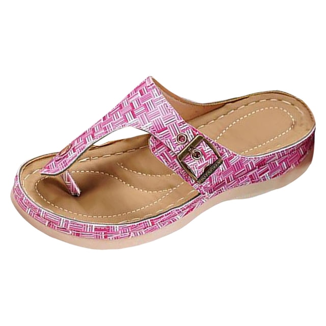 IUJSOY Wedge Sandals Slides for Women Retro Metal Buckle Open Toe Arch Support Summer Sandals