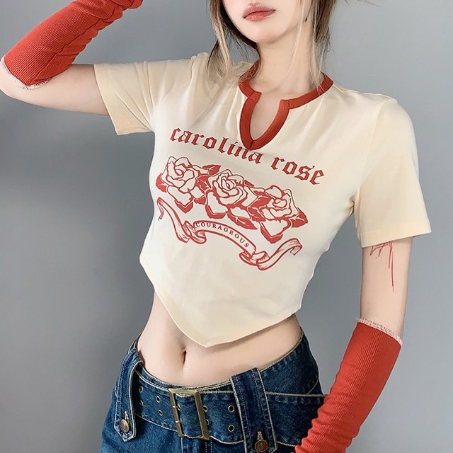 VISgogo Conjunto de camiseta de verano para mujer, Tops cortos con cuello en V de manga corta con estampado de flores y letras irregulares para adultos con mangas largas VISgogo moda