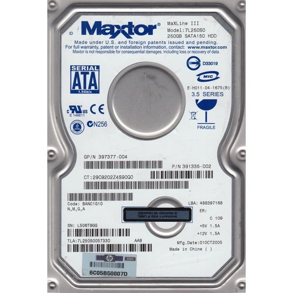 7L250S0, Code BANC1G10, NMGA, Maxtor 250GB SATA 3.5 Hard Drive