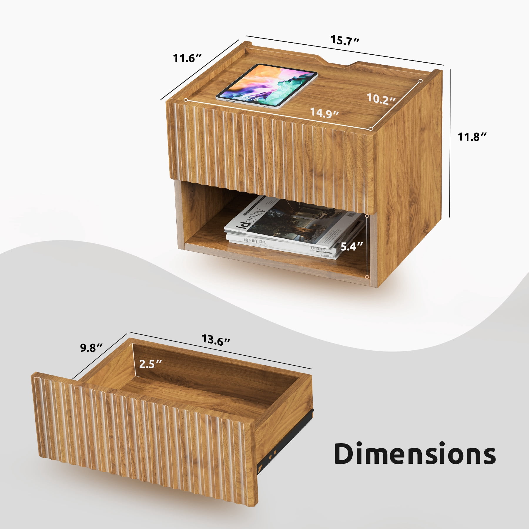 Wood Wall-Mounted Nightstand Set of 2 with Drawer - Space-Saving Floating Bedside Table for Bedroom, Living Room, Hallway or Entryway, Brown