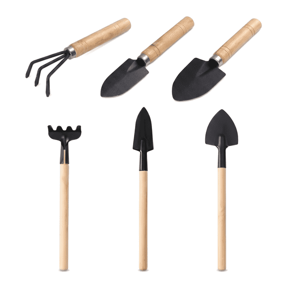 6 Pcs Gardening Tools Set with Wood Handle - 2 Mini Hand Trowel, 2 Transplanter, 2 Hand Rake Cultivator(Different Sizes),Ergonomic Wooden Handles – Potting & Transplanting Kit for Indoor Plants