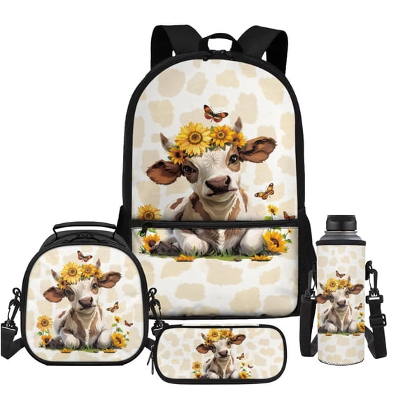 Uorisanigo Sunflower Cow School Bag Set of 4, Lightweight Kids Backpack with Lunch Box Pencil Case Water Bottle Sleeve, 17 inch SchoolBag Set Elementary Middle School Bookbag