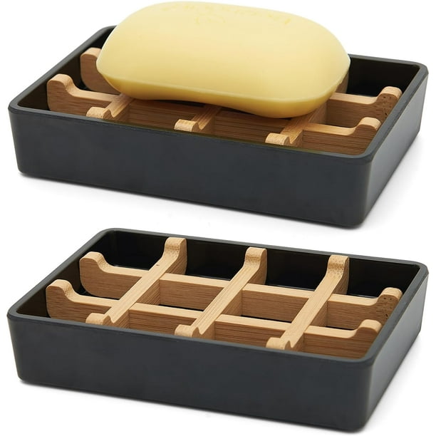 Jaboneras de bambú para ducha con drenaje, soporte de madera para jabonera de baño, fácil de limpiar, duraderas (cuadrado negro individual)