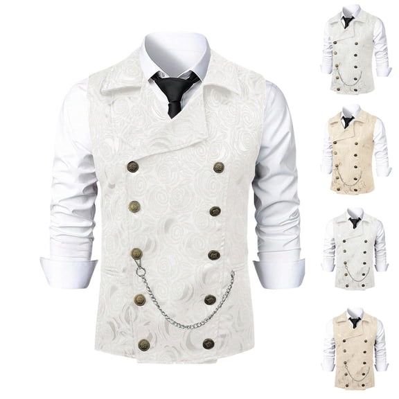 Mens Jacquard Suit Vests Lapel Paisley Floral Double Breasted Waistcoat with Hanging Chain Business Wedding Party Dress Vest Yellow