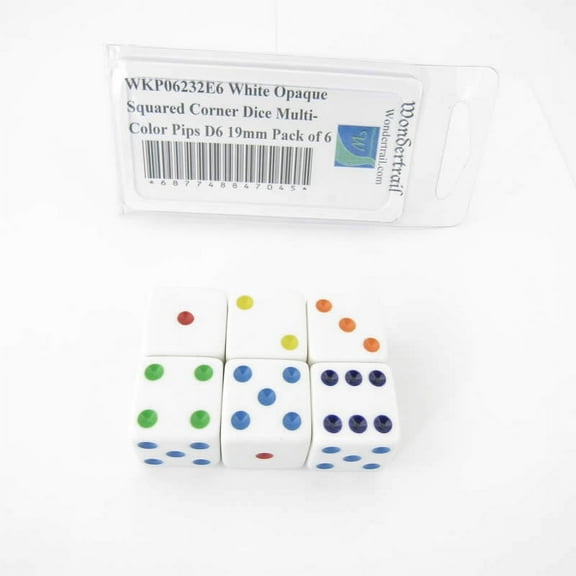 White Opaque Squared Corner Dice Multi-Color Pips D6 19mm (3/4in) Pack of 6 Wondertrail