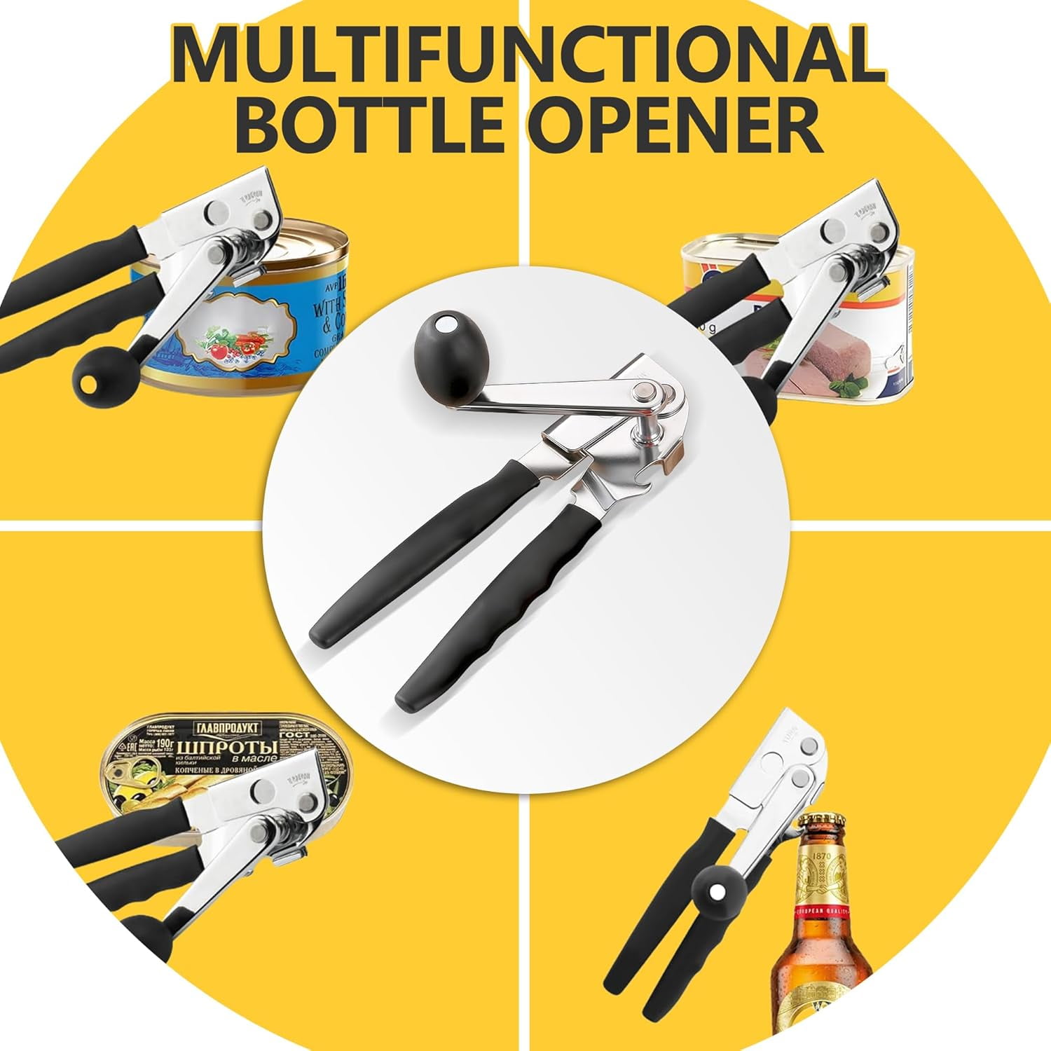 ABCISI Commercial Can Opener, Hand Crank Can Opener Manual Heavy Duty, Ergonomic Design, with Comfortable Long Handles, Oversized Knob, Large Handheld Can Open Easy for Big Cans, for Seniors, Black