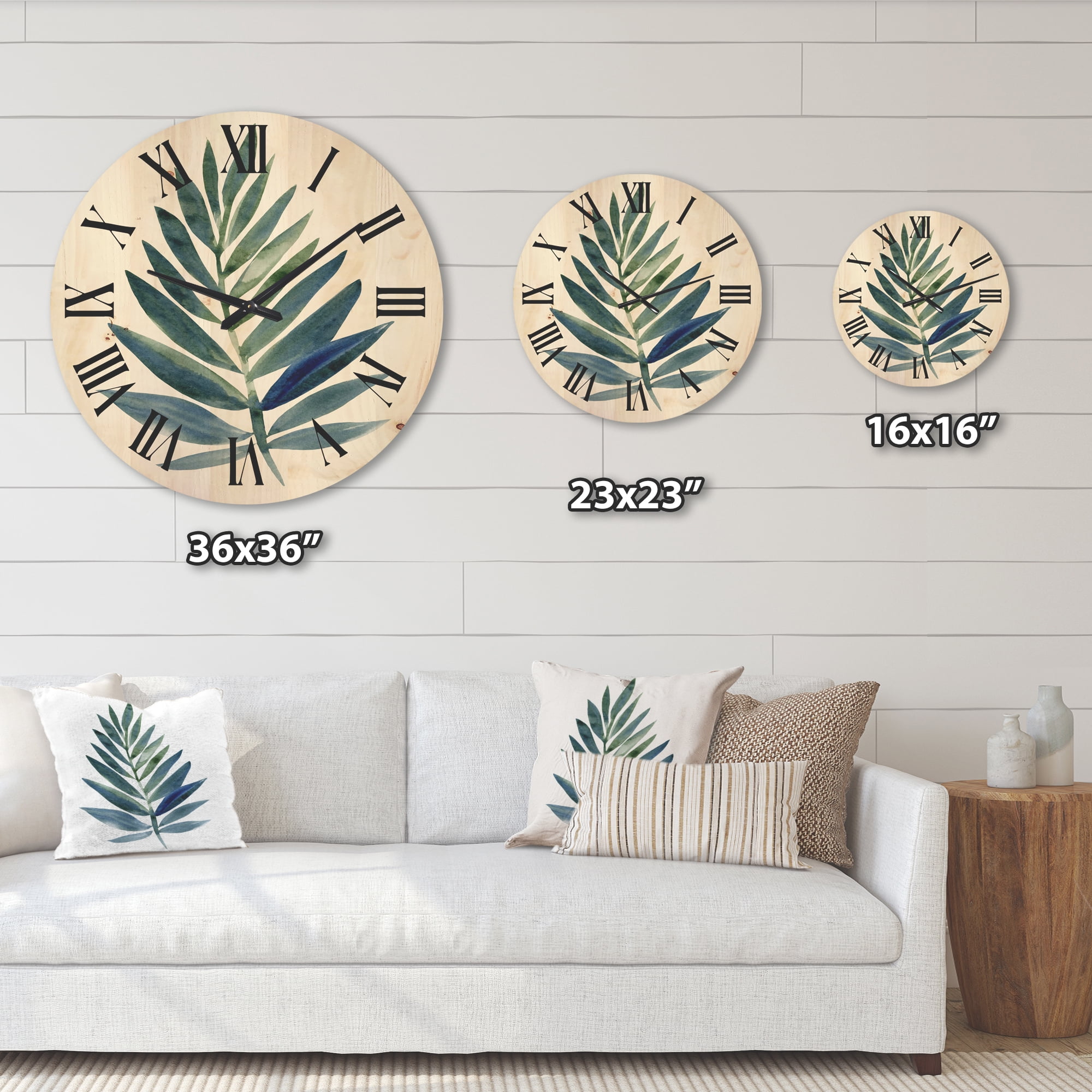 Designart 'Tropical Green Leaf On White' Farmhouse Wood Wall Clock
