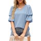 thumbnail image 1 of Camiseta casual de manga doble abullonada de color sólido con cuello en V de verano para mujer (azul claro M) FLhrweasw Para estrenar, 1 of 8