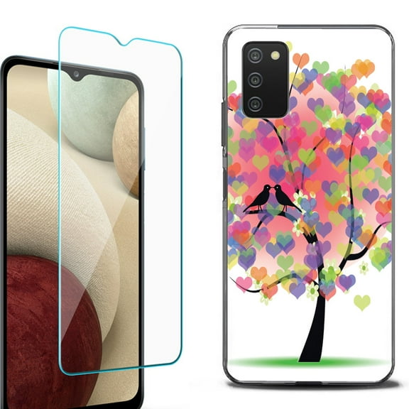 Slim-Fit Protective Fashion Phone Case (Black) for Samsung Galaxy A03s, with Tempered Glass Screen Protector, by OneToughShield ® - Color Hearts Tree