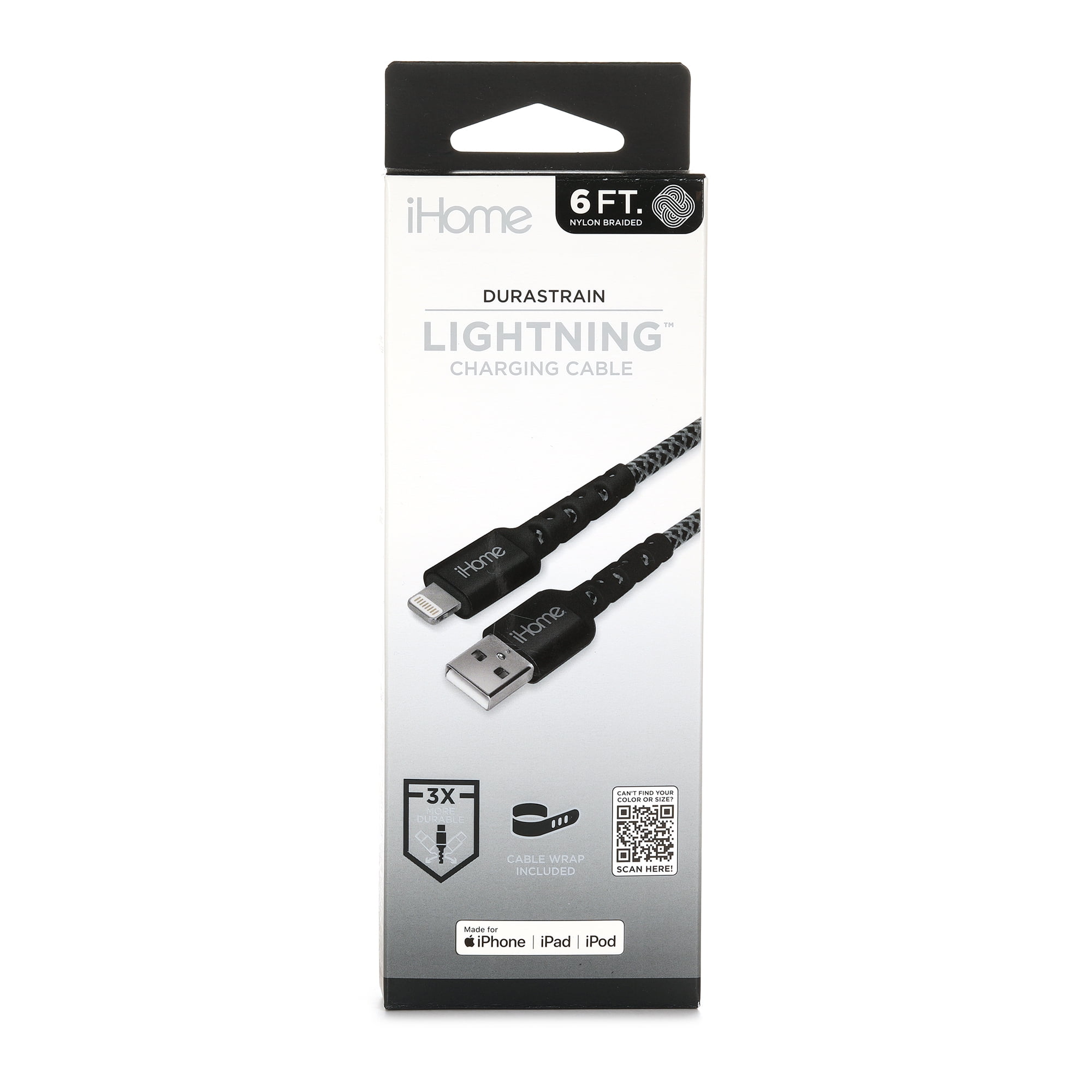 iHome Fabric Braided Lightning to USB Cable, White, 6'
