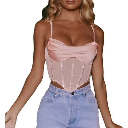 

CoCopeaunt Women s Sexy Cowl Neck Diamond Straps Tight Corset Crop Cami Top