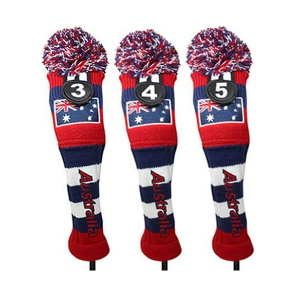 Majek Golf Australia 3 4 5 Hybrid Set Headcovers Pom Pom Knit Limited Edition Vintage Classic Traditional Flag Retro Head Cover 3-5 Set