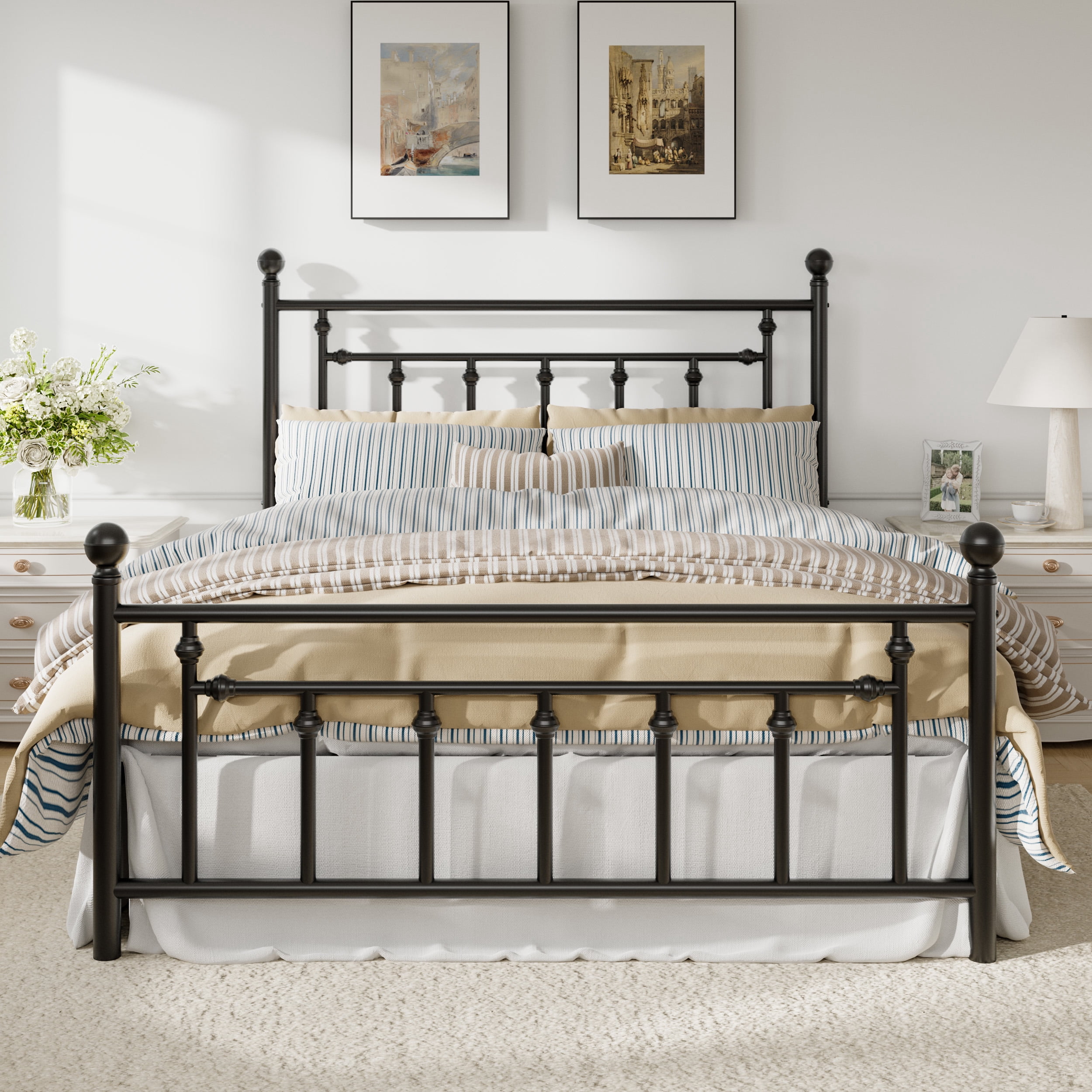 Amolife Queen Bed Frame, Metal Platform Bed Frame with Vintage Pattern Headboard, Black