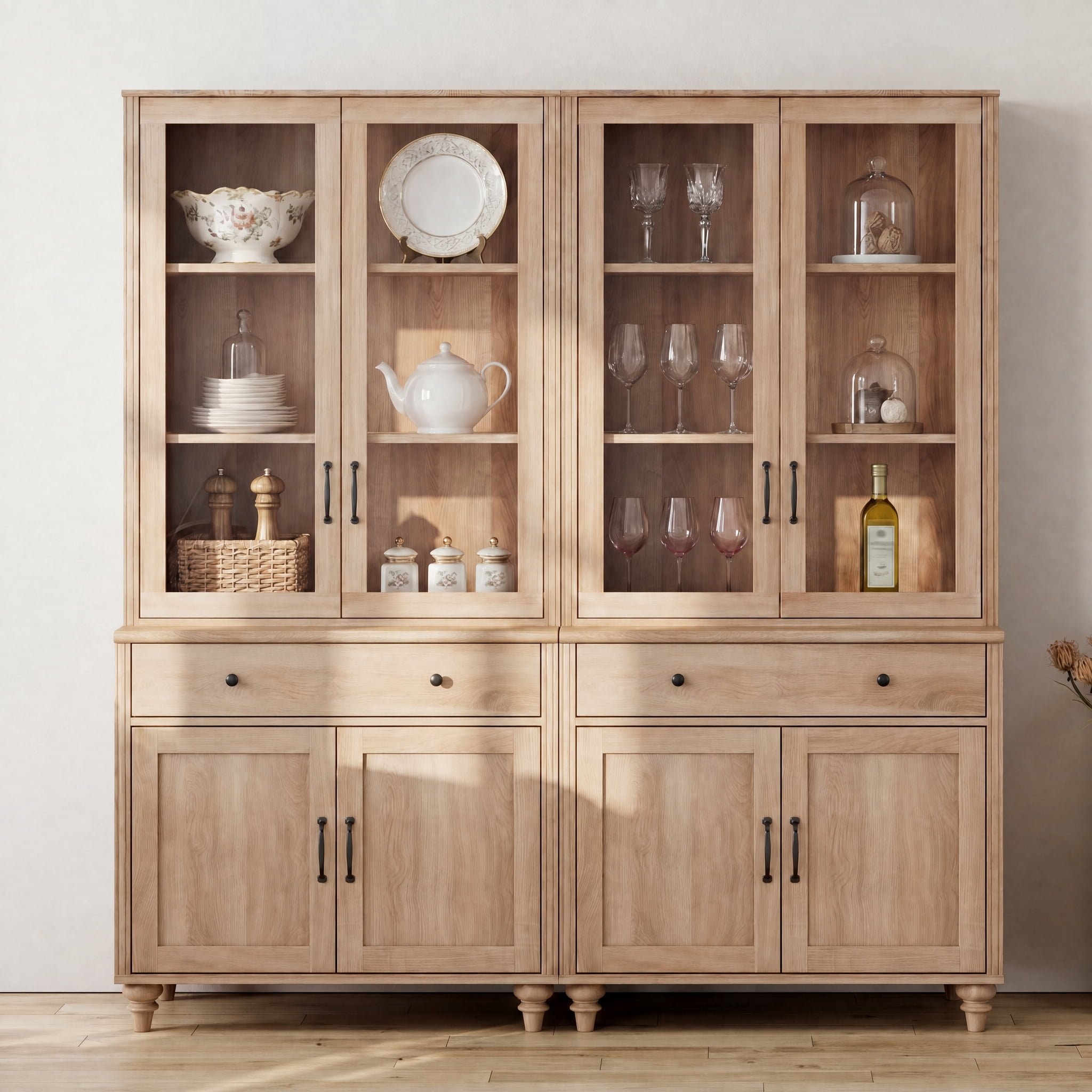 Sideboard Buffet Cabinet with Storage, 5-Tier Bookcase with Glass Doors, Farmhouse Bookshelf with Ample Storage Cabinet, Large Bookshelves for Living Room, Office, Kitchen, Oak, 72" H