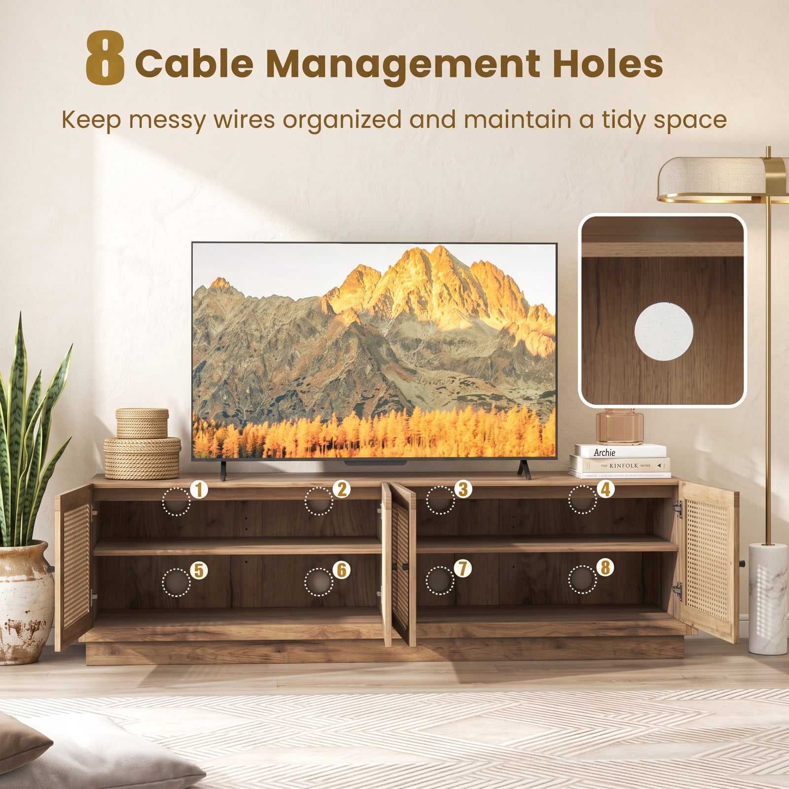 Furnibear Farmhouse TV Stand for TVs up to 75 Inches, 70 Inch Entertainment Center with PE Rattan Cabinet Doors and Adjustable Shelves, Rattan Media Console for, Oak
