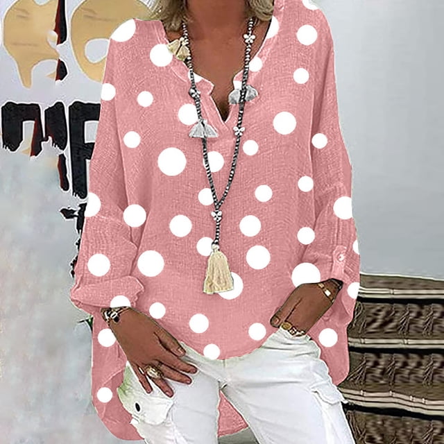 Puntoco Tallas grandes Mujer Casual Manga larga Estampado de lunares Suelta Camisa con cuello en V Blusa top Puntoco Puntoco-109
