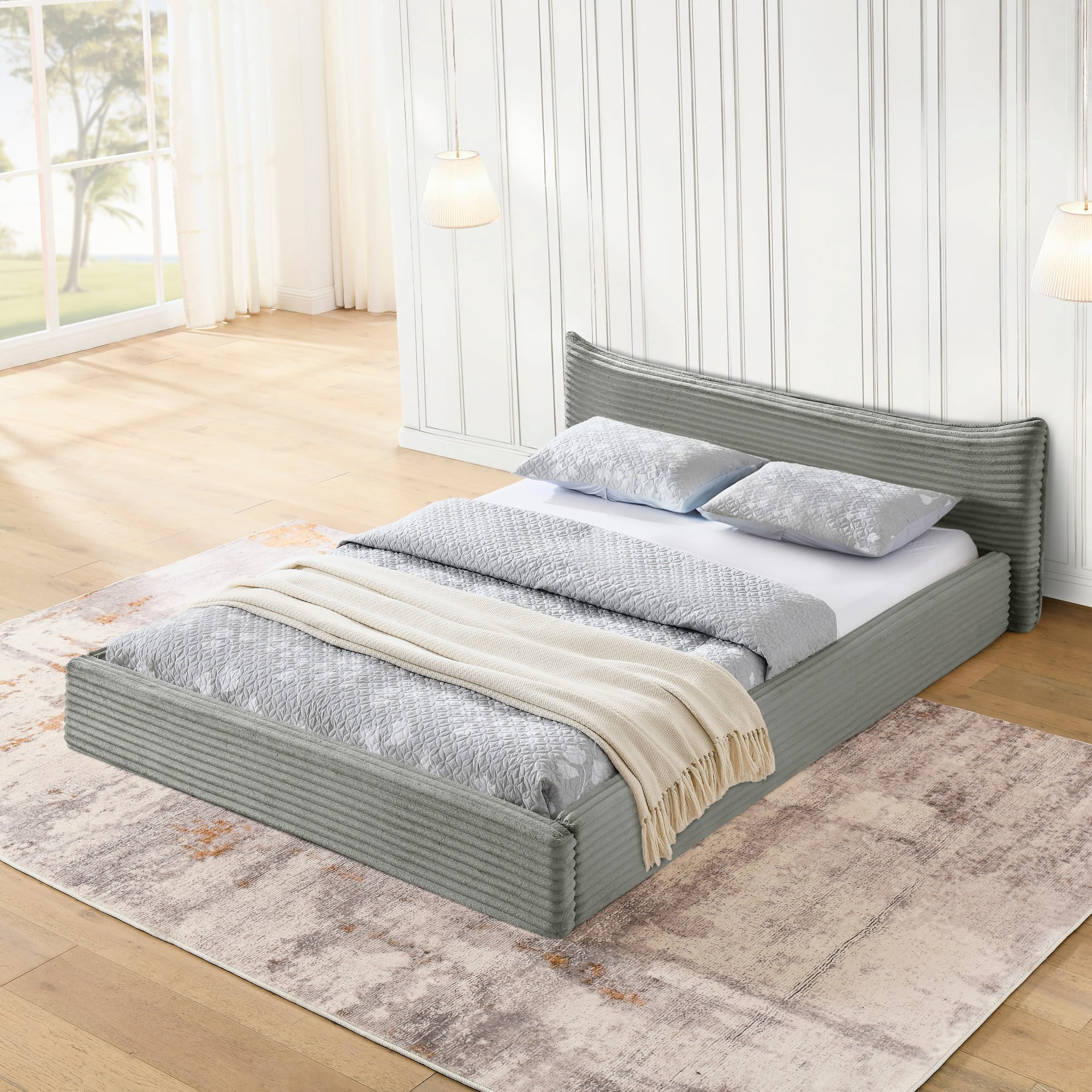 Aukfa Queen Size Upholstered Platform Bed with Curved Headboard, Velvet Fabric Low Profile Bed Frame, No Box Spring Needed, Gray