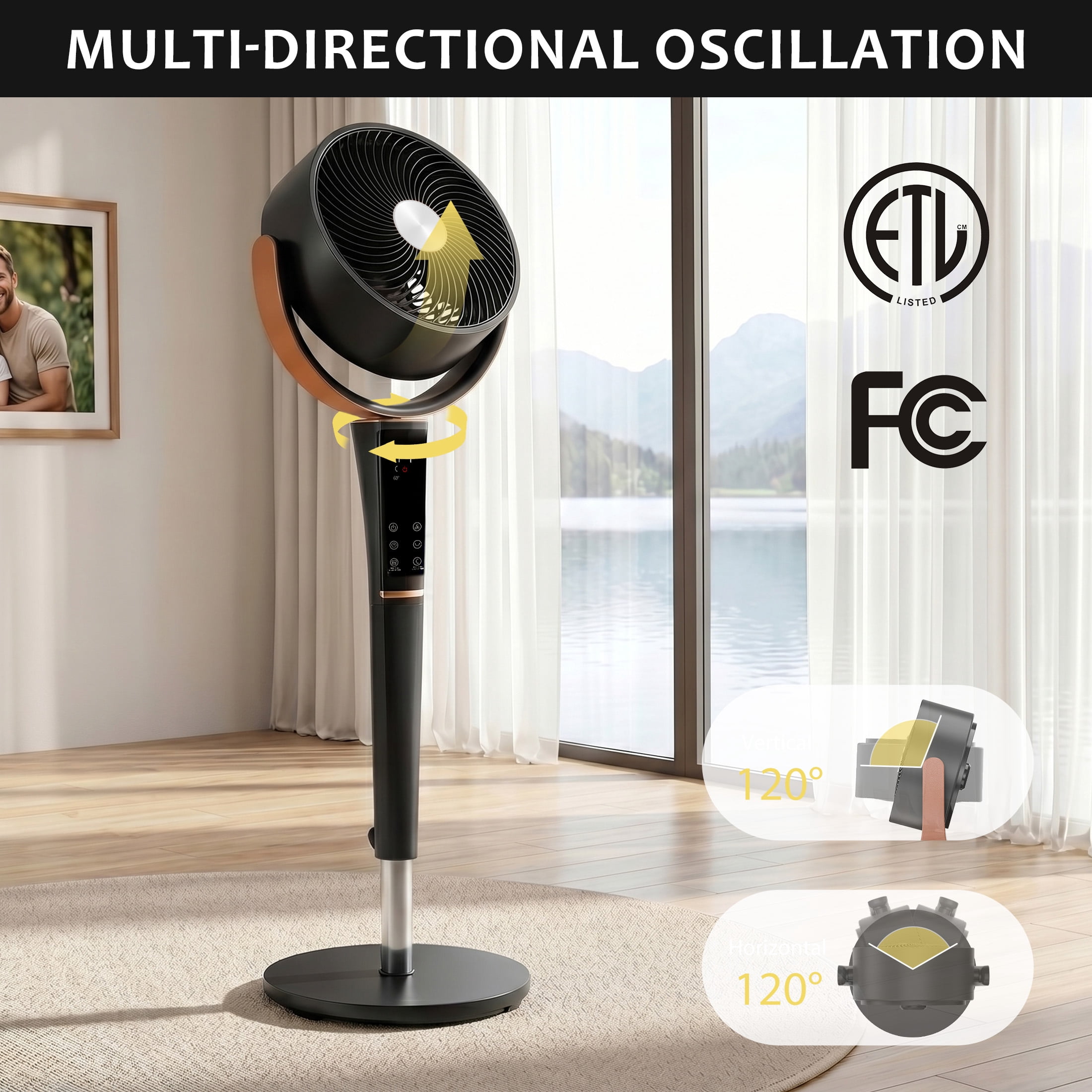 EDX Bedroom Pedestal Fan, Quiet 20dB DC Air Circulator, 15 Speeds 5 Modes, 120° Oscillation, 12H Timer, 1050CFM Airflow, 37-45" Adjustable Height, LED Light, Standing Fan with Remote, Black