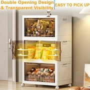 Storage Bins with Lids- 4 Tier Folding Storage box with Doors and Wheels, Collapsible Plastic Storage Bins for Closets, Stackable Storage Organizer, Storage Containers for Closet, White
