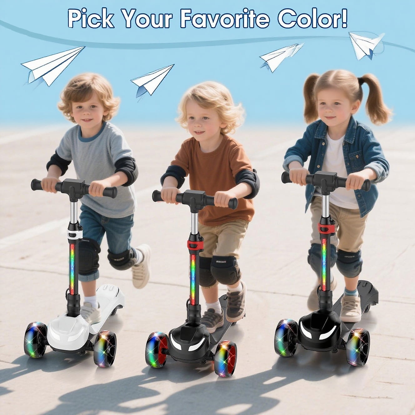 Electric Scooter for Kids Age 3-6, Bluetooth & Display Foldable 3-Wheel Escooter, Light-Up Wheels & Pedal Adjustable Scooter, 2-Speed Electric Ride On Toys (Black)