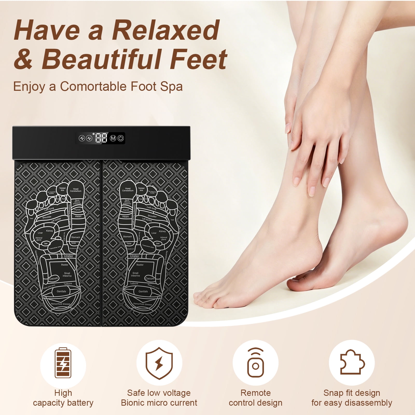 EMS Foot Massager Mat, 8 Modes & 32 Intensities Rechargeable Foot Massage Pad with Remote Control, Foldable Portable Electric Foot Massager for Fatigue Relief, Leg Shaping & Foot Acupoint Stimulation