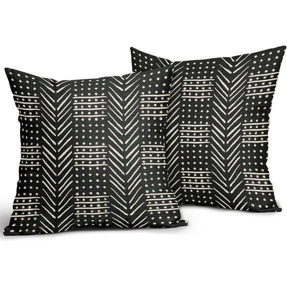 Black Decorative Pillow Covers 20x20 Inch Set of 2, Boho Cream Dots Herringbone Striped Pattern Bohemian Print Throw Pillow Cases Outdoor Cushion Covers Modern Farmhouse Sofa Couch Bed Decor