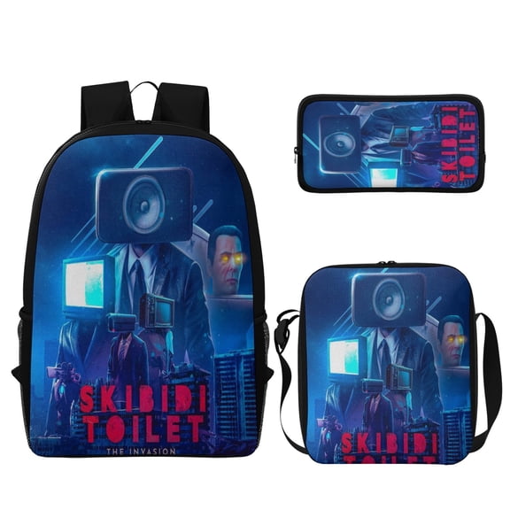 Skibidi Toilet 3Pcs Backpack Set, 17 Inch Large Capacity Unisex Daypack Lightweight Travel Bag with Lunch Box And Pencil Case