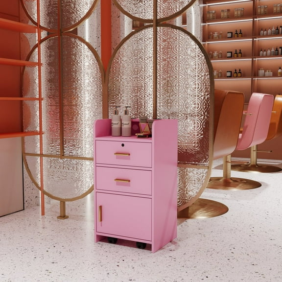 Tcbosik Wall Mount Salon Station Hair Styling, Barber Salon Stations with a Storage Cabinet, 2 Drawers and 3 Hair Dryer Holders for Hair Stylist Beauty Spa Equipment, Pink
