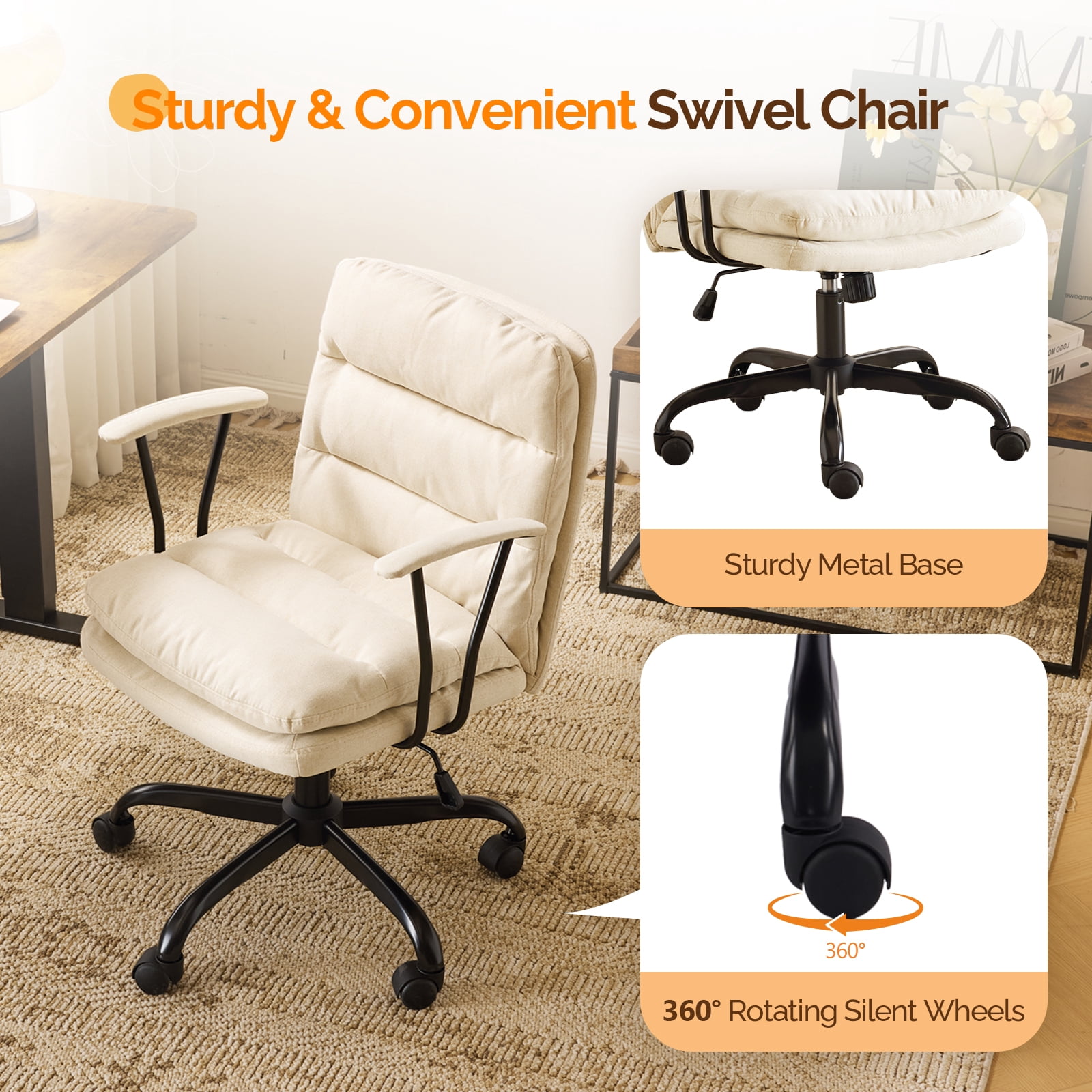 Ktaxon Office Chair with Armrests, Linen Fabric Desk Chair with Wheels, Swivel Task Chair for Study Room or Dressing Vanity Area Light Yellow