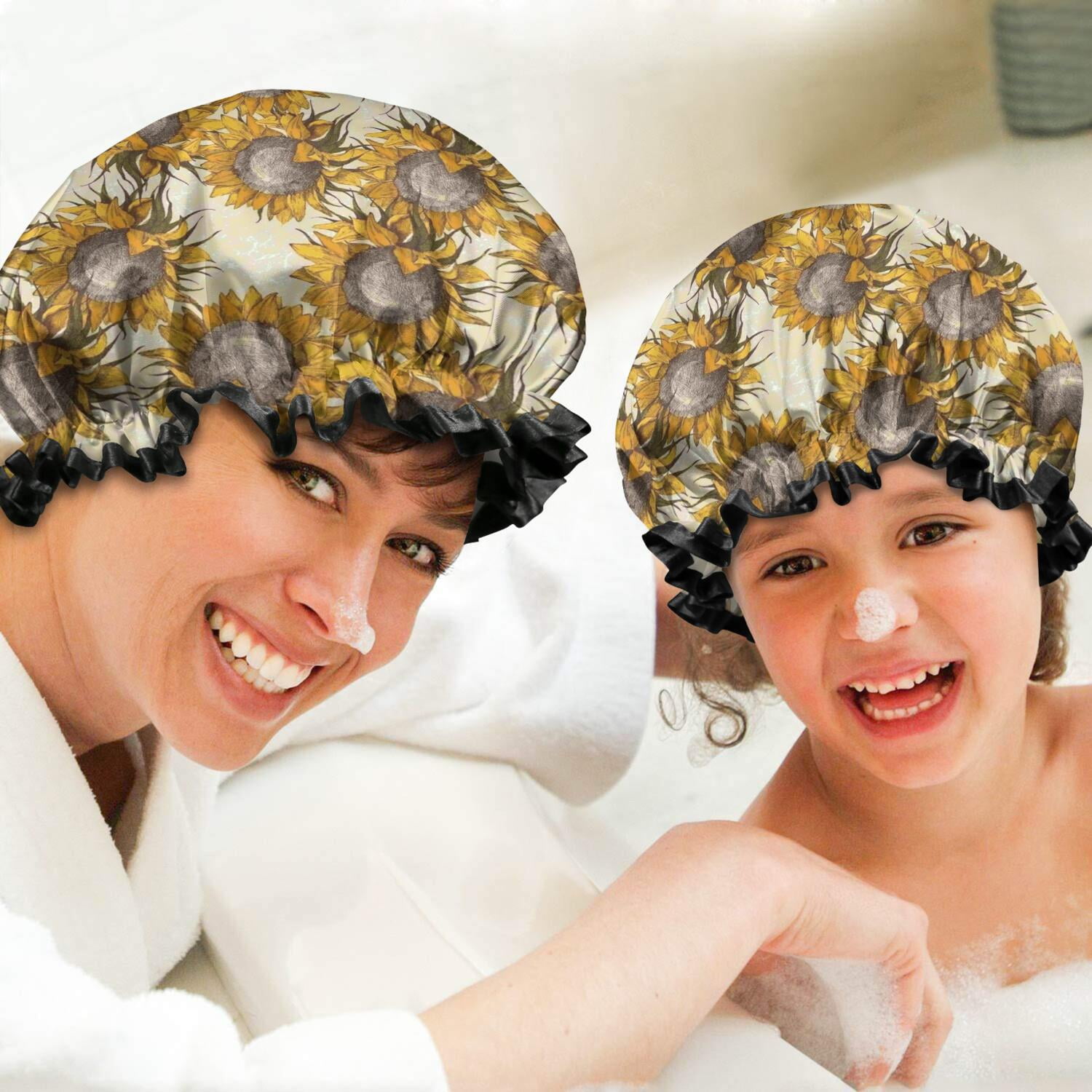 Shower Caps,Beige Sunflower Pattern Waterproof Shower Cap for Women 4 Pieces,Double Reusable Hair Cover for Shower PEVA Elastic Stretch Hem