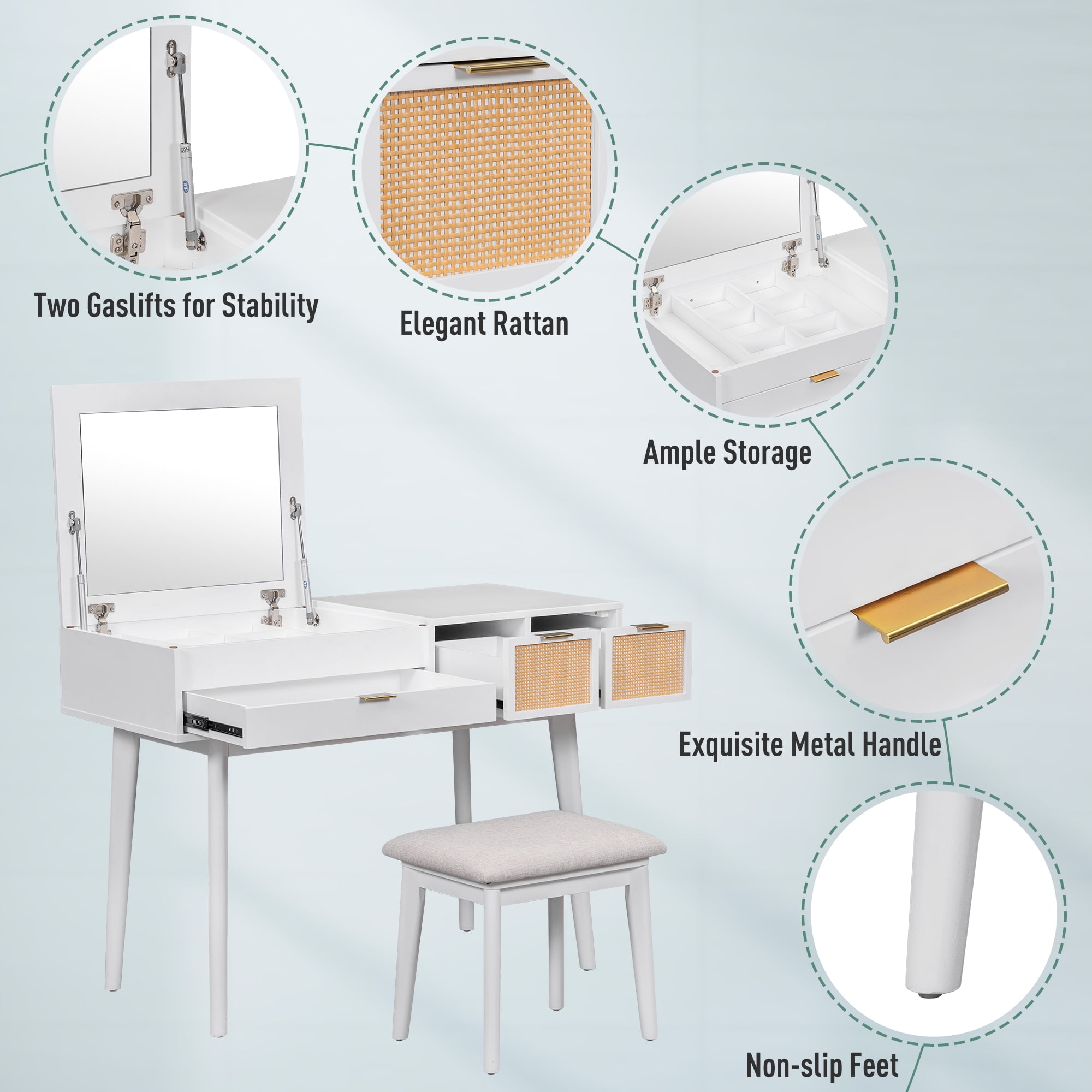 Yoneston 43.3" Classic Wood Makeup Vanity Set with Flip-top Mirror, Vanity Table with Cushioned Chair with Three Drawers and Storage Space for Bedroom, White