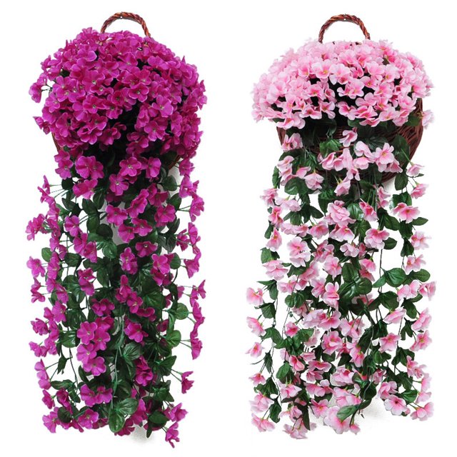 Flor falsa, flor de imitación, enredadera de flores violetas, enredadera de flores para colgar en la pared, cesta colgante de orquídeas, flores para sala de estar, balcón, decoración del hogar, pared
