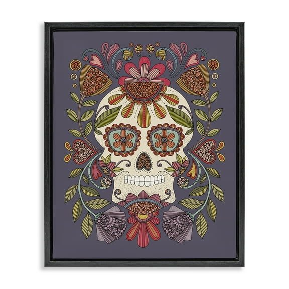 Stupell Industries Patterned Sugar Skull Holiday Painting Black Floater Framed Art Print Wall Art, 17 x 21