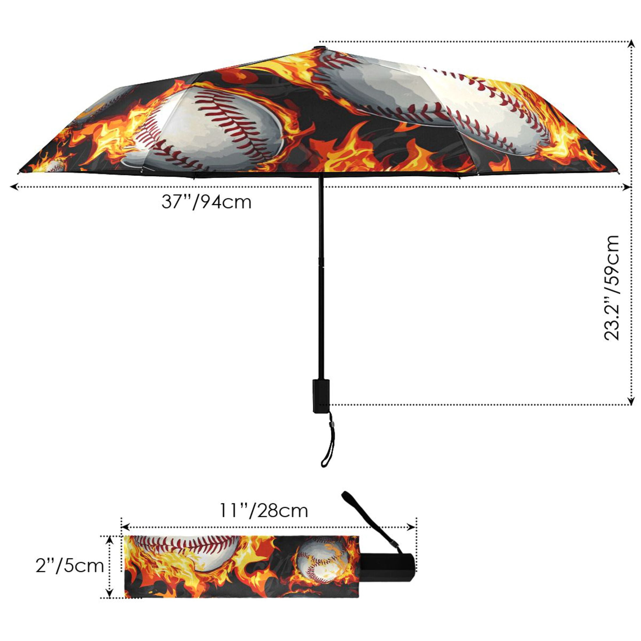 ALAZA Baseball with Fire UPF 50+ Compact Folding Umbrella for Rain Travel Umbrella Packable