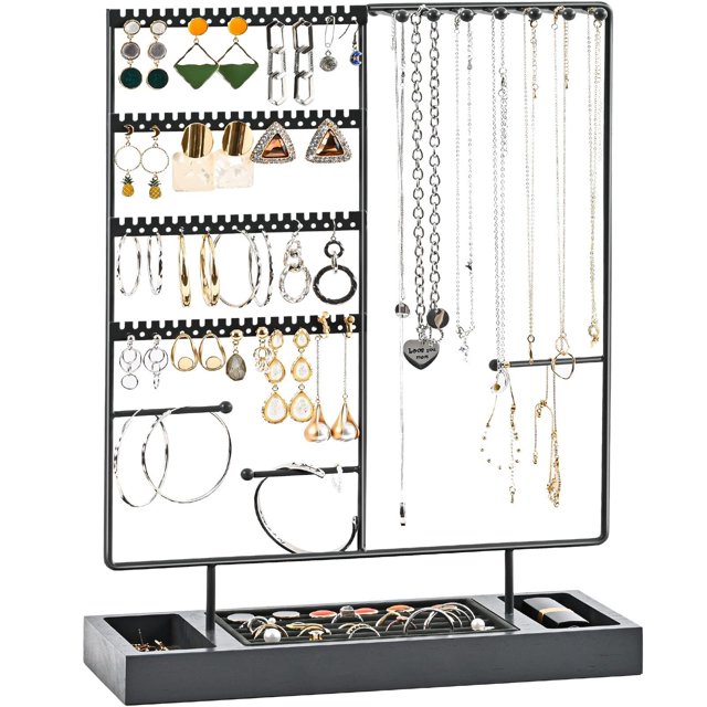 Soporte para Joyas, Organizador Exhibidor Joyero Estante de 6 niveles con 144 Agujeros de Aretes Pendientes con Bandeja para Anillos Collares -Gris