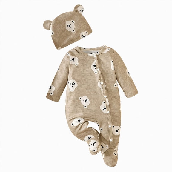 mgoYE Newborn Baby Boy Going Home Outfit Kimono Romper Bear Printed Footed Romper Jumpsuit with Beanie Hat for Hospital, Shower Gift, Photoshoot 3-6 Months
