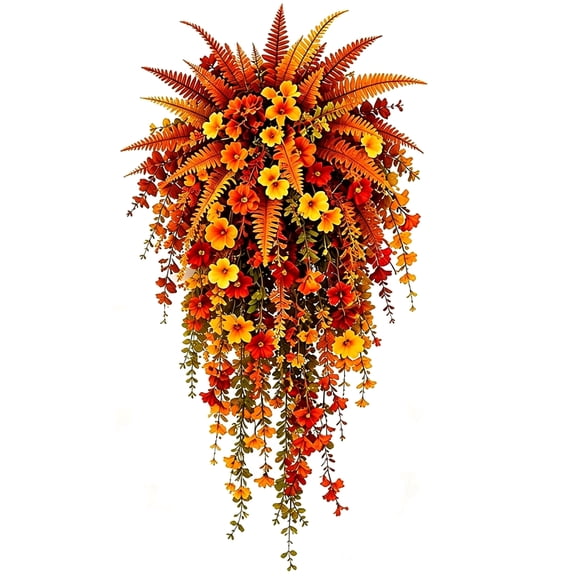 Fall Flowers Artificial, Harvest Hanging Basket, UV-Resistant Faux Outdoor, Composed Of Persian Grass And Morning Glory for Autumn Porch Decoration
