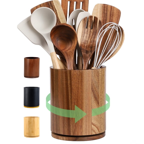gorsent Wooden Utensil Holder, 360°Rotating 7.3'' Large Utensil Holder for Kitchen Counter, Kitchen Utensil Organizer, Utensil Crock, Farmhouse Kitchens Countertop Decor, Acacia Wood