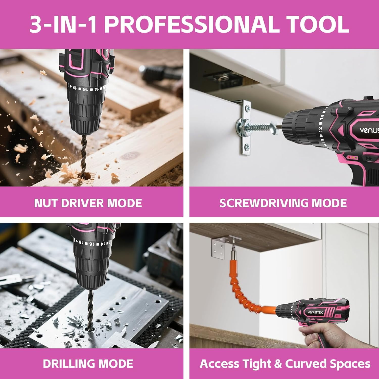 Cordless Drill Set 12V Power Drill with Battery and Charger, 2-Speed Electric Drill with 3/8" Keyless Chuck