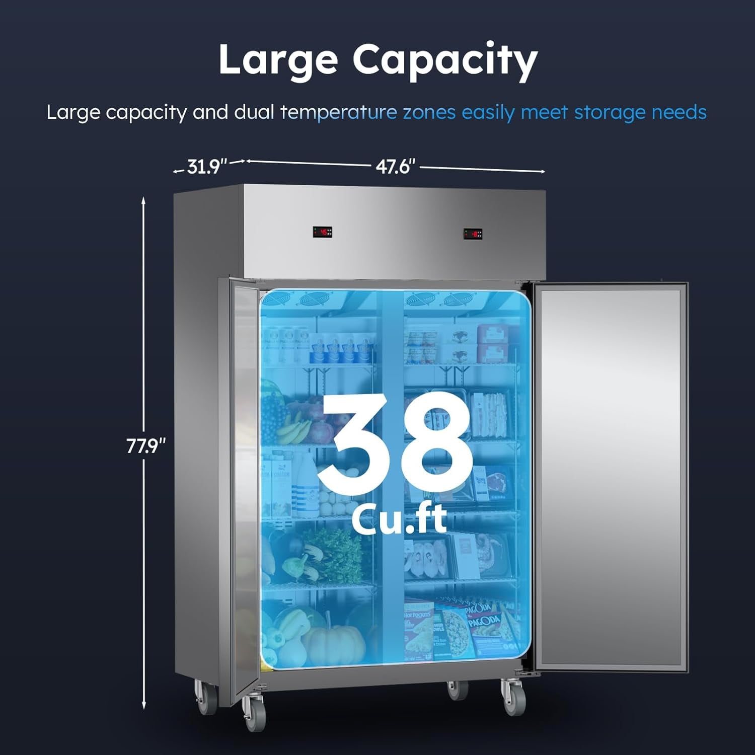 Commercial Reach-In Freezer Refrigerator Combo, 38 Cu.ft 2-Door Stainless Steel, Auto Defrost with Wheels for Restaurant, Bar, Shop