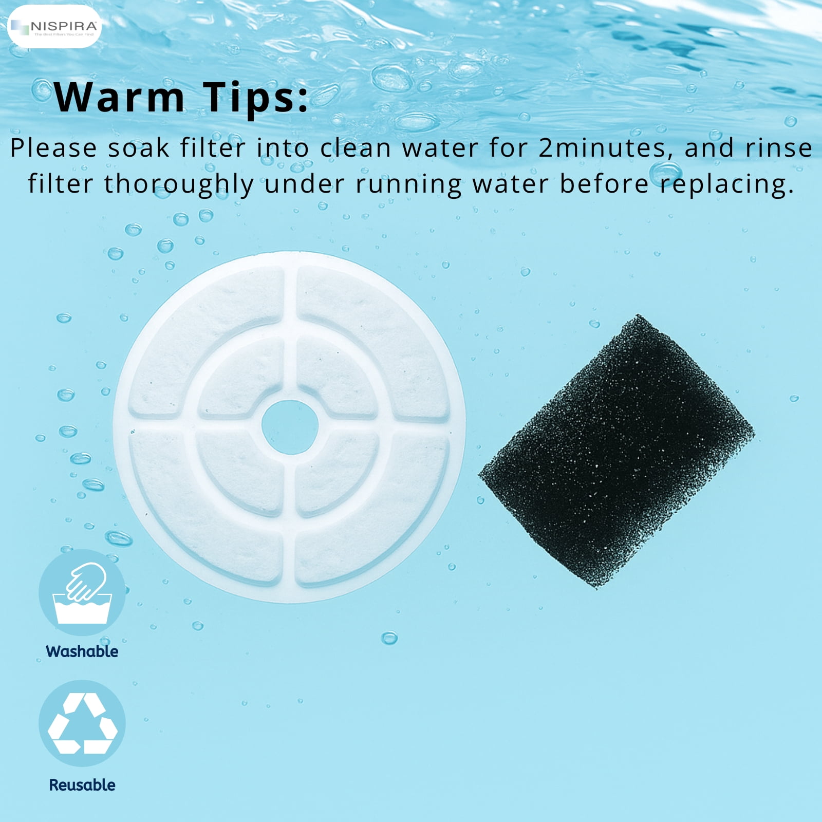 Nispira Cat Water Fountain Filter Replacements for Kastty Sibays 2.5Gal/9.5L Large18CM Dog Water Fountain Dispenser Wireless Pumps Black Sponge, 12 Packs