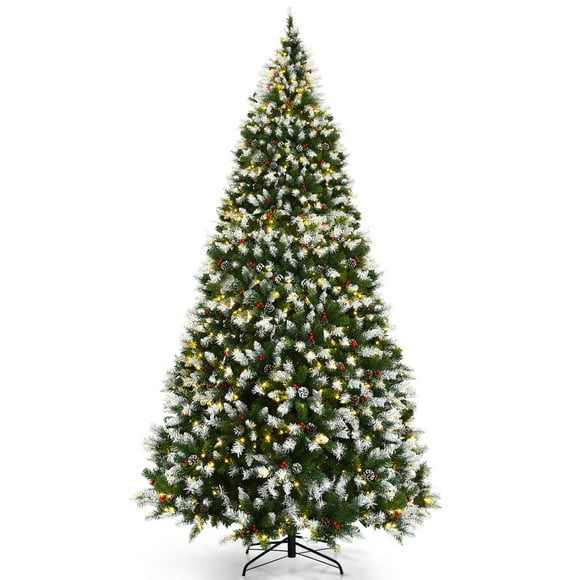 Costway 9ft Pre-lit Snowy Christmas Tree 2058 Tips w/ Pine Cones & Red Berries with 8 lighting modes