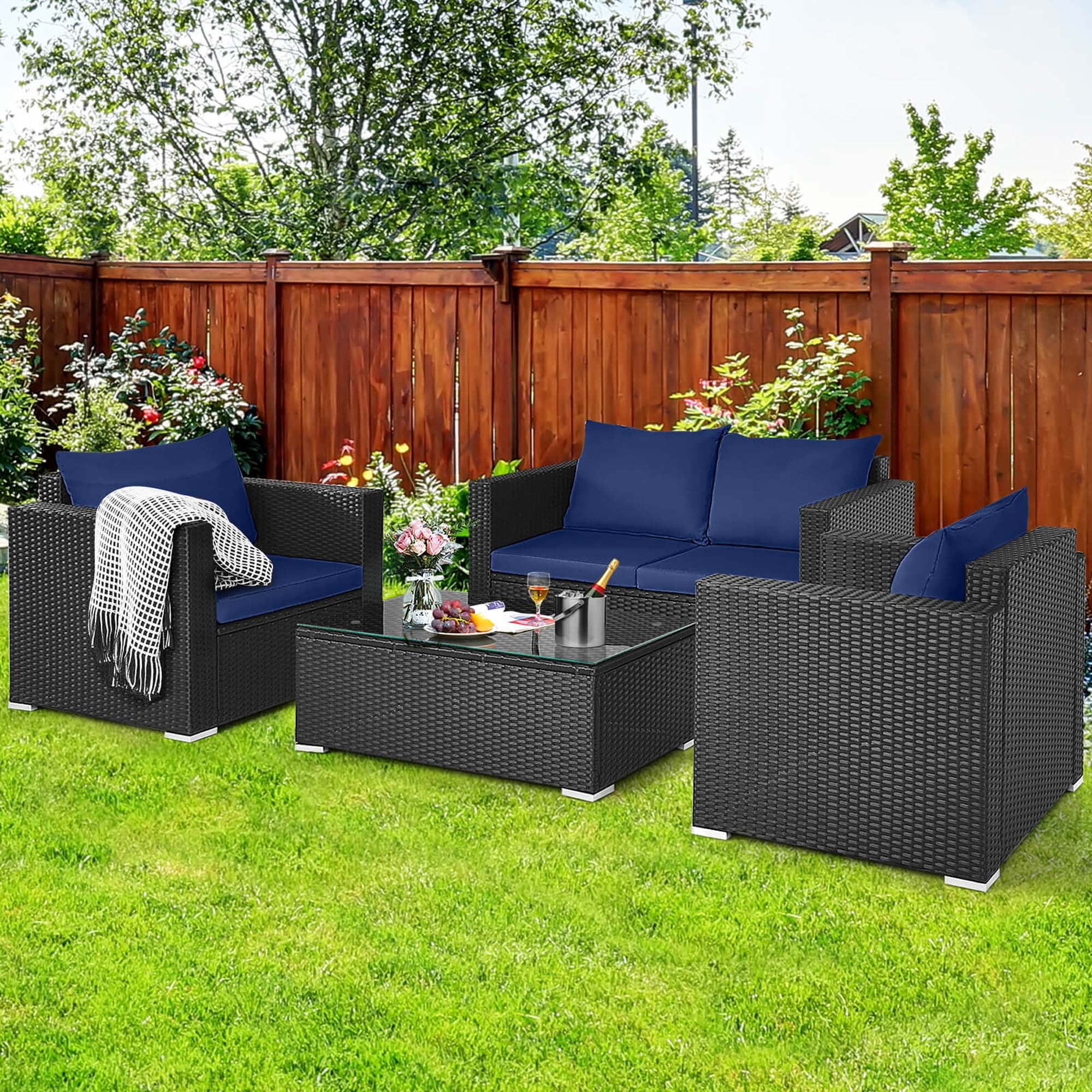 Costway 4 PCS Patio Rattan Furniture Set Cushioned Sofa Chair Coffee Table Blue