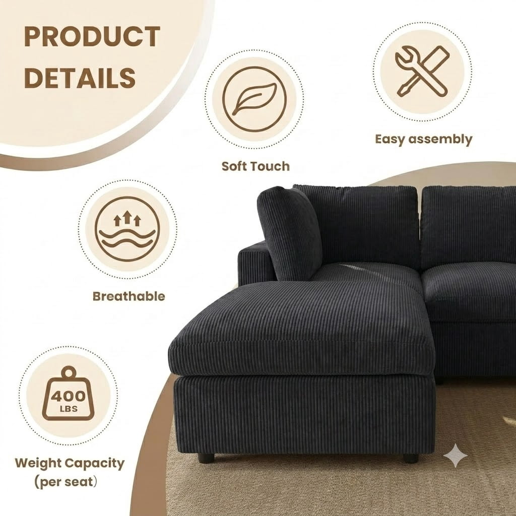 Howcool Cloud Couch Modular Sectional Sofa 6 Seat 122" L Shaped Reversible Convertible Couch, Corduroy Thick Cushion with Movable Ottomans, Washable Removable Cover for Living Room,Black