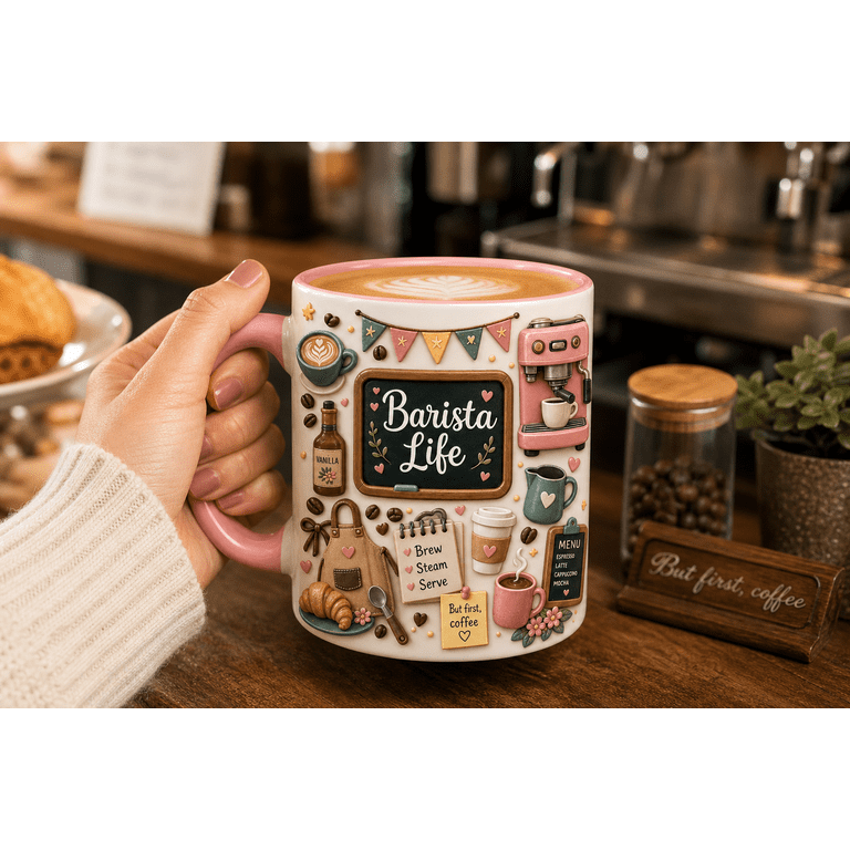 Barista Mug Coffee Lover Gift Pink Accent Coffee Cup for Cafe Staff or Espresso Fans, Size: 15oz, Blue