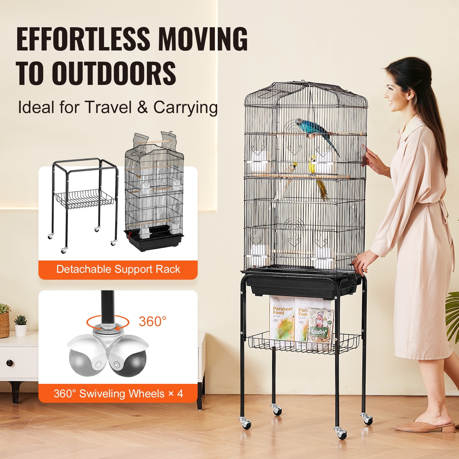 KFFKFF Spacious Bird Enclosure, 62 inches, Uncovered Top Canary Habitat with Mobile Base, Iron Aviary with Detachable Pan, Finch Birdhouse with 4 Roosts, Lovebird and Cockatiel Pet Playhouse