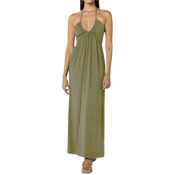 Michellecmm Women Dress V-Neck Halter Lacing Backless Pleated Sleeveless Dresses